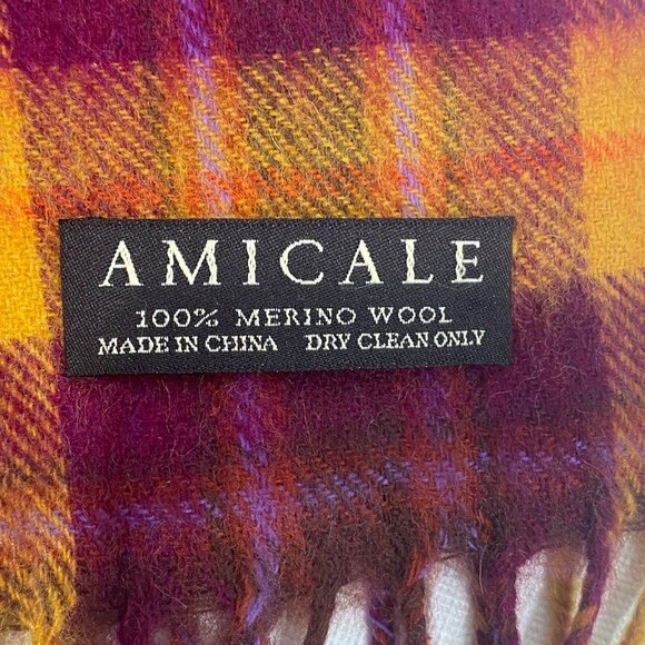 Amicale Merino Wool Plaid Scarf yellow Orange & Fuchia Purple Tartan Fringed - Picture 3 of 6